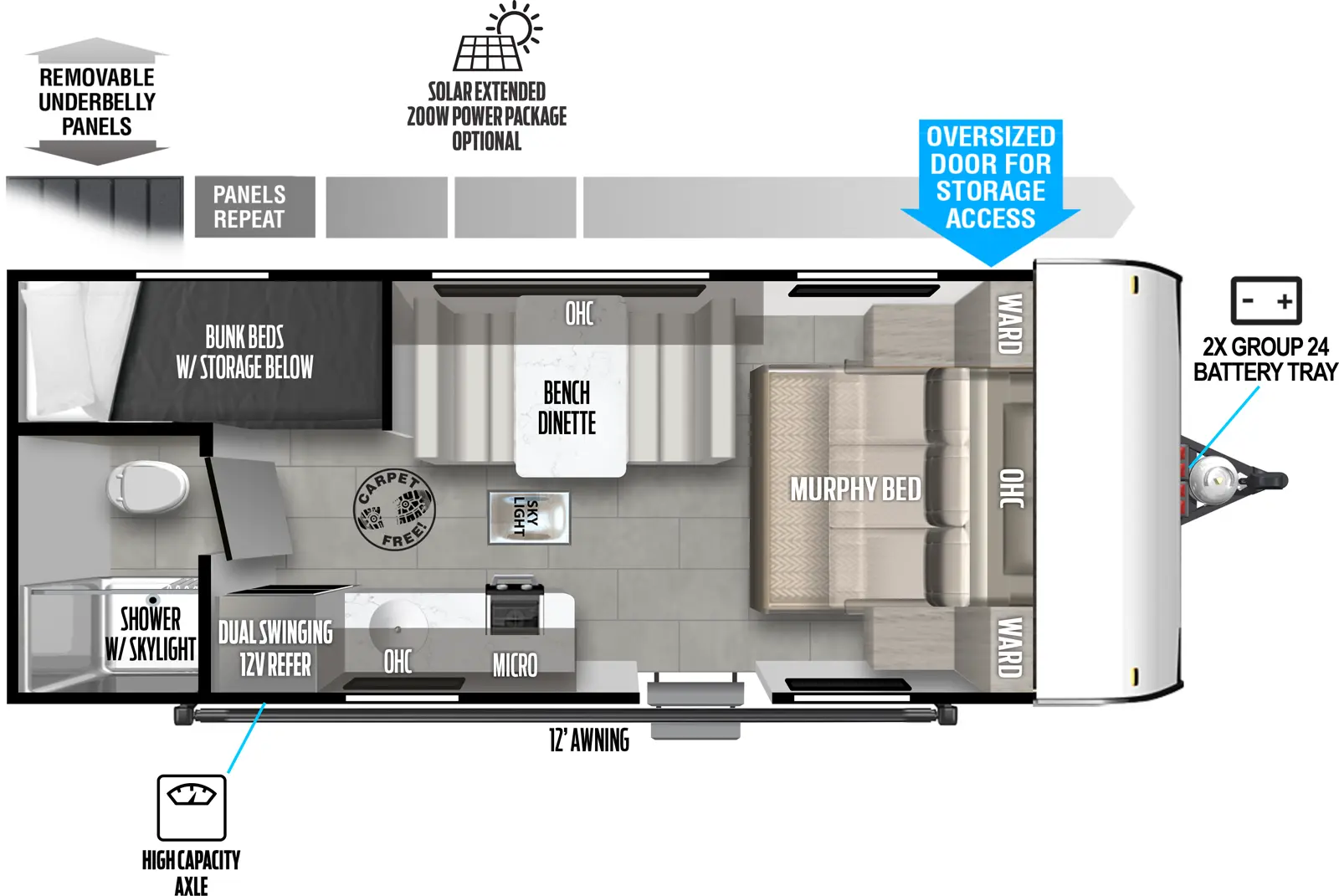 The Salem FSX 177BH floorplan has one entry and zero slide outs. Exterior features include: fiberglass exterior and 12' awning. Interiors features include: bunk beds and front bedroom.